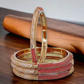                       LUCKY JEWELLERY Gold Plated Red Color CZ Stone 4 Pcs. Bangles Set for Women (387-J1BG-1880-RW4-22)                                              