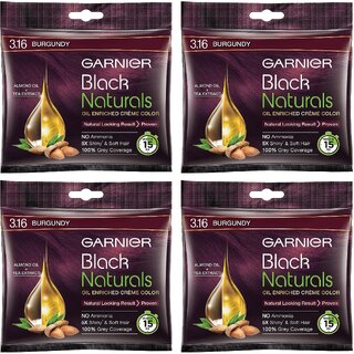                       Garnier Black Naturals Burgundy 3.16 Crme Riche Hair Color - 20ml+20g (Pack Of 4)                                              