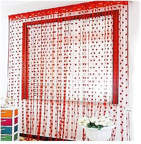 Thriftkart Red String Net Heart Design Door Window Curtain for Home Office Decoration (6 Feet Set of 2)