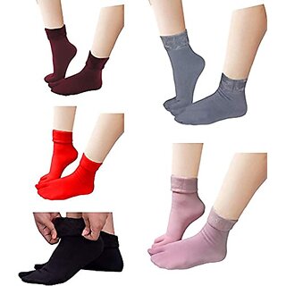                       Thriftkart Unisex Multicolour Velvet Winter Thermal Thumb Socks (Multicolor Set of 5 Pairs Fee Size)                                              
