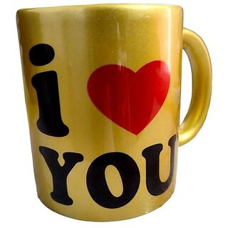                       Thriftkart Yellow Ceramic Valentine Mug I Love You Printed Mug (Yellow-Gold 325ml)                                              