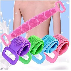 Thriftkart Double Sided Silicone Body Back Scrubber Bathing Brush For Deep Skin Cleaning Massage Dead Skin Removal Exfoliating Belt For Shower (Multi Color Pack of 1)