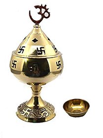 Spherulemuster Brass Akhand Jyoti Diya Om Swastic Stand with Cover Oil Lamp for Temple Home & Office Decor with Tika Katori (16cm Golden)