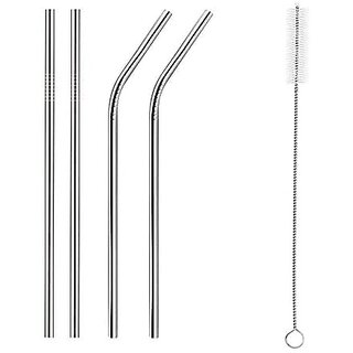 Thriftkart Stainless Steel Straws with Cleaning Brush for Kids & Adults Bent Reusable Metal Straws (Pack of 2 Straight & 2 Bent Reusable Metal Straws Silver)