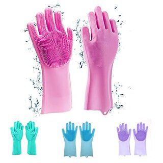                      Thriftkart Magic Silicone Dish Washing Cleaning Gloves for Kitchen Dishwashing and Pet Grooming Car Bathroom (Multicolor Pack of 1)                                              