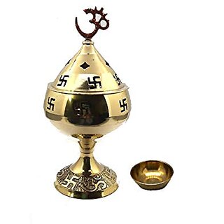                       Spherulemuster Brass Akhand Jyoti Diya Om Swastic Stand with Cover Oil Lamp for Temple Home & Office Decor with Tika Katori (14cm Golden)                                              