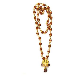                       Spherulemuster Nickel and Brown Wood Kavach Rudraksha Trishula Damru Pendant Mala with Kalawa                                              