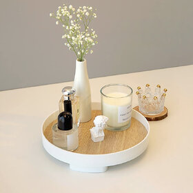 Prime Pick Wooden Round Makeup Perfume TrayBathroom Vanity TrayCosmetic Tray with Wooden Base Dresser Countertop Tray