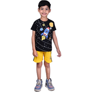                       Kid Kupboard Cotton Boys T-Shirt and Short Set, Black & Yellow, Half-Sleeves, 7-8 Years KIDS6080                                              