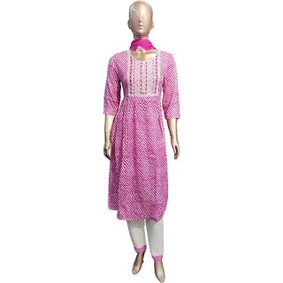                       Cotton Laheriya, Chevron Print Naira cut Kurta, Pant and Dupatta set                                              