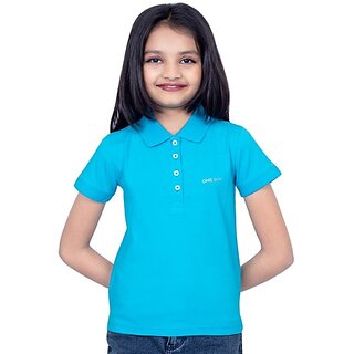 One Sky Girls Solid Cotton Blend T Shirt (Blue, Pack Of 1)