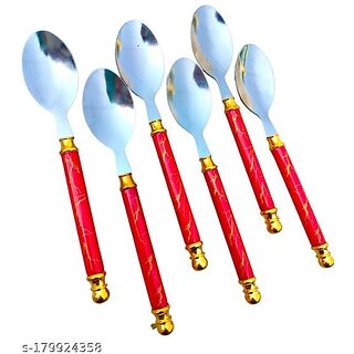                       TNC Stainless steel dining table spoon available Dessert spoon Tea Spoon Coffee Spoon Ice Cream Spoon Soup Spoon White marble, ceramic design set of 6                                              