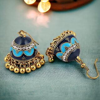                       LUCKY JEWELLERY Antique Gold Plated Firoji Blue Color Meenakari Jhumki Earring For Girls & Women (200-CHJM1-1150-FB)                                              