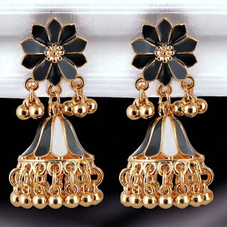                       LUCKY JEWELLERY Gold Plated Black And White Color Floral Meenakari Jhumki Earring For Girls & Women (240-CHJM1-1146-BLW)                                              