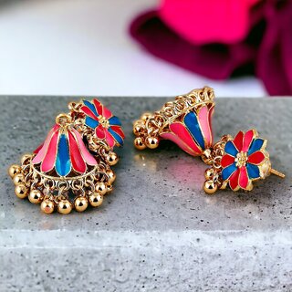                       LUCKY JEWELLERY Gold Plated Pink And Blue Color Floral Meenakari Jhumki Earring For Girls & Women (240-CHJM1-1146-PKB)                                              