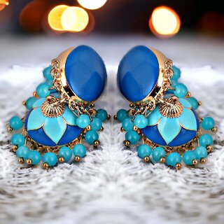                       LUCKY JEWELLERY Gold Plated Firoji And Blue Color Meenakari Jhumki Earring For Girls & Women (265-CHJM1-1151-FB)                                              