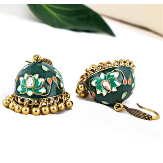                       LUCKY JEWELLERY Antique Gold Plated Green Color Meenakari Jhumki Earring For Girls & Women (275-CHJM1-1147-G)                                              