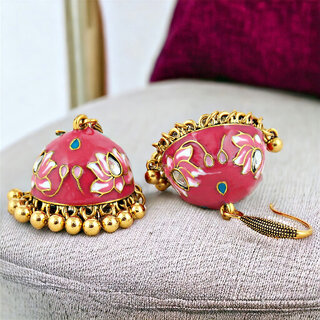                       LUCKY JEWELLERY Antique Gold Plated Magenta Color Meenakari Jhumki Earring For Girls & Women (275-CHJM1-1147-R)                                              