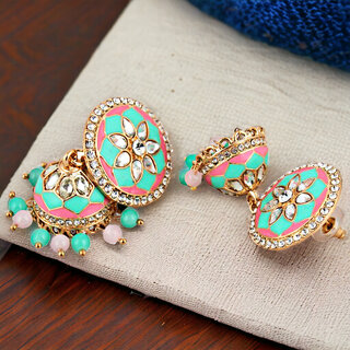                       LUCKY JEWELLERY Gold Plated Pink And Mint Color Meenakari With Jhumki Earring For Girls & Women (325-CHJM1-1152-PKMNT)                                              