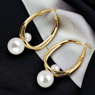                       Lucky Jewellery Designer 18k Gold Plated Pearl Dangle Hoops Earrings For Girls & Women (75-CHEM-1139)                                              