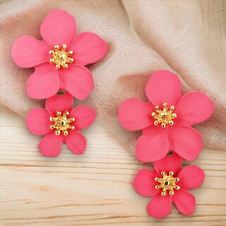                       Lucky Jewellery Designer Pink Color Double Flower Earring Dangle Statement Earrings For Girls & Women (140-CHTP-1211-PK)                                              