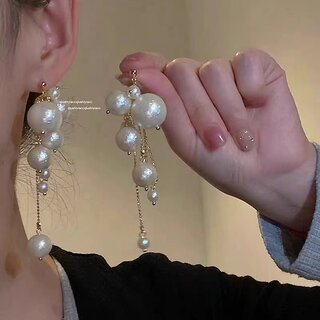                       Lucky Jewellery Designer White Color Pearl Chain Fringe Dangle Earrings For Girls & Women (290-CHEM-1229)                                              