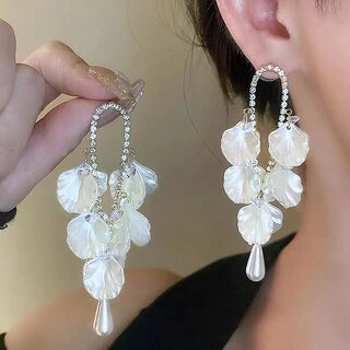                       Lucky Jewellery Designer White Color Leaf Design With Stones Dangle Earrings For Girls & Women (340-CHEP-1230)                                              