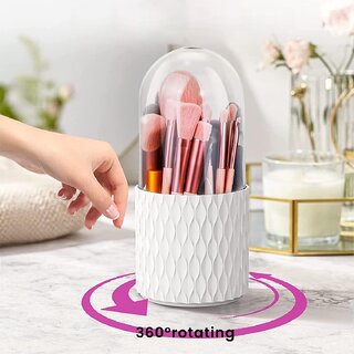                       PRIME PICK Makeup Brush Holder Organizer with Lid - 360 Rotating Multi-Functional Clear Makeup Organizer (White)                                              
