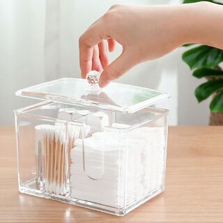                       PRIME PICK Cotton Swab Holder, Acrylic Cotton Pad Holder, Qtip Holder With Lid, Cotton Rounds Holder With 4-Grid                                              
