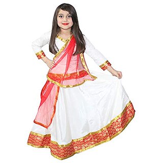                       Kaku Fancy Dresses Cream Lehenga Choli Dupatta Set For Girls  Radha Costume  Navratri Garba Dance - Cream, For Girls                                              