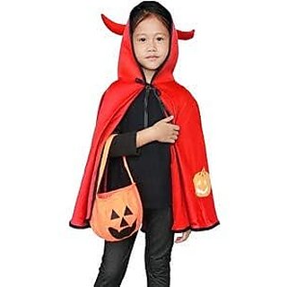                       Kaku Fancy Dresses Red Robe Hooded Cape With Devil Horn And Pumpkin Basket For Halloween Costume For Kids                                              