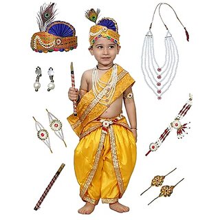                      Kaku Fancy Dresses Krishna Costume For Kids Infant Baby Krishna Dress For Boys Yellow (Dhoti,Patka,Stole,Belt,Mukut)                                              