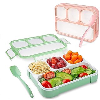                       Getko With Device Leak Proof 4 Compartment Lunch Box Reusable Microwave Freezer Safe Food Containers with Spoon for Adults and Kids (1Pc - Multicolor) PP Plastic                                              