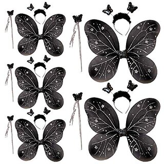                       Kaku Fancy Dresses Girl's Polyester Butterfly Wings With Hairband And Wand Stick (Black) - Pack of 5                                              