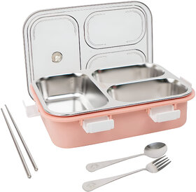 Students Lunch Box Sealed Leakage Proof Stainless Steel Lunch Box with Spoon Lid Office Food Container 3 Compartment