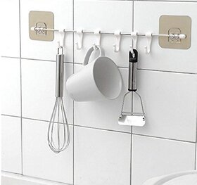 FUSIONMAX Multi-Purpose Rustproof Stainless Steel Rail with 6 Plastic Hooks for Bathroom Kitchen - Multicolour