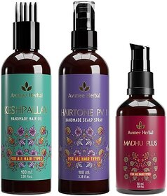 Avimee Herbal Keshpallav Hair Oil (100 Ml) & Hairtone Pv 1 Scalp Spray (100 Ml) & Madhu Plus Hair Serum (50 Ml) Combo Pack (3 Items In The Set)
