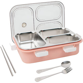                       Students Lunch Box Sealed Leakage Proof Stainless Steel Lunch Box with Spoon Lid Office Food Container 3 Compartment                                              