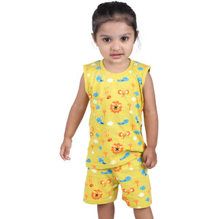                       Kid Kupboard Cotton Baby Girls T-Shirt and Short Set, Yellow, Sleeveless, 4-5 Years KIDS6111                                              