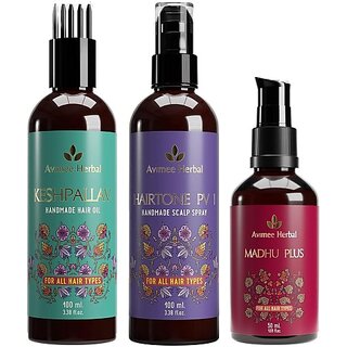                       Avimee Herbal Keshpallav Hair Oil (100 Ml) & Hairtone Pv 1 Scalp Spray (100 Ml) & Madhu Plus Hair Serum (50 Ml) Combo Pack (3 Items In The Set)                                              