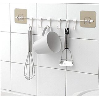                       SAG Multi-Purpose Rustproof Stainless Steel Rail with 6 Plastic Hooks for Bathroom Kitchen - Multicolour                                              