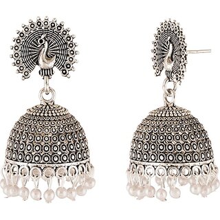                       Unvira Peacock Inspired Jhumka 1 Beads Copper, Silver Stud Earring                                              