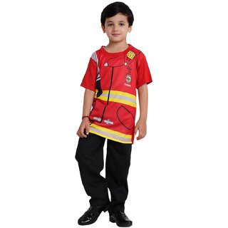                       Kaku Fancy Dresses Printed Round Neck Fireman T-Shirt For Kids  Our Helper Fireman Costume T-shirt for Kids                                              