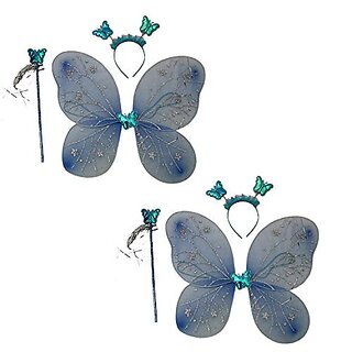                       Kaku Fancy Dresses Firozi Blue Butterfly Wings With Hairband and Wand Stick For Girls - Pack of 2                                              