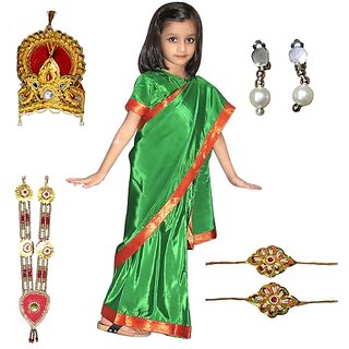                       Kaku Fancy Dresses Devi Laxmi Green Saree For Girls  Ready To Wear Saree  Mythological Godess Costume With Accessories                                              