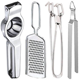 Oc9 Stainless Steel Lemon Squeezer & Cheese Grater & Pakkad & Chimta Kitchen Tool Set