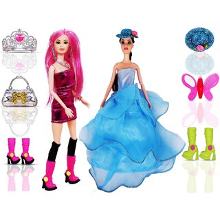                       Aseenaa 2 Pcs Long Hair Trending pretty/Cute Doll Set with Moveable Joint  Other Ornaments (Imported Doll) Pack of 2                                              