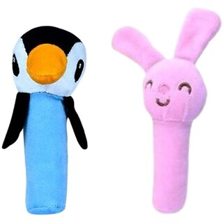                       Ohhbabies Baby Soft Penguin and Pink Bunny Rattling Sound Toy - 9 cm  (Multicolor)                                              