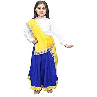                       Kaku Fancy Dresses Blue Lehenga White Shirt Set With Duppata For Navratri Garba Dress  Radha Lehenga Set For Girls                                              