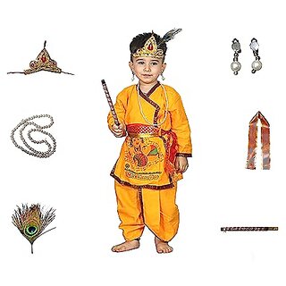                       Kaku Fancy Dresses Krishna In Cotton Fabric For Krishnaleela/Janmashtami/Kanha/Mythological Character Costume -Yellow                                              
